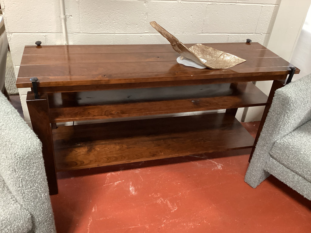 Tin Roof Arts & Crafts Walnut Console/ 3 tier w/ iron accents 60 x 18 x 31
