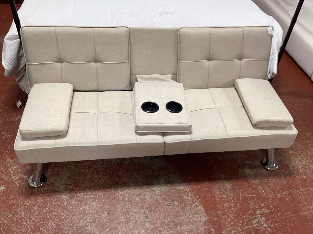 Futon / Beige linen modern futon sleeper 61 x 32 x 27 high