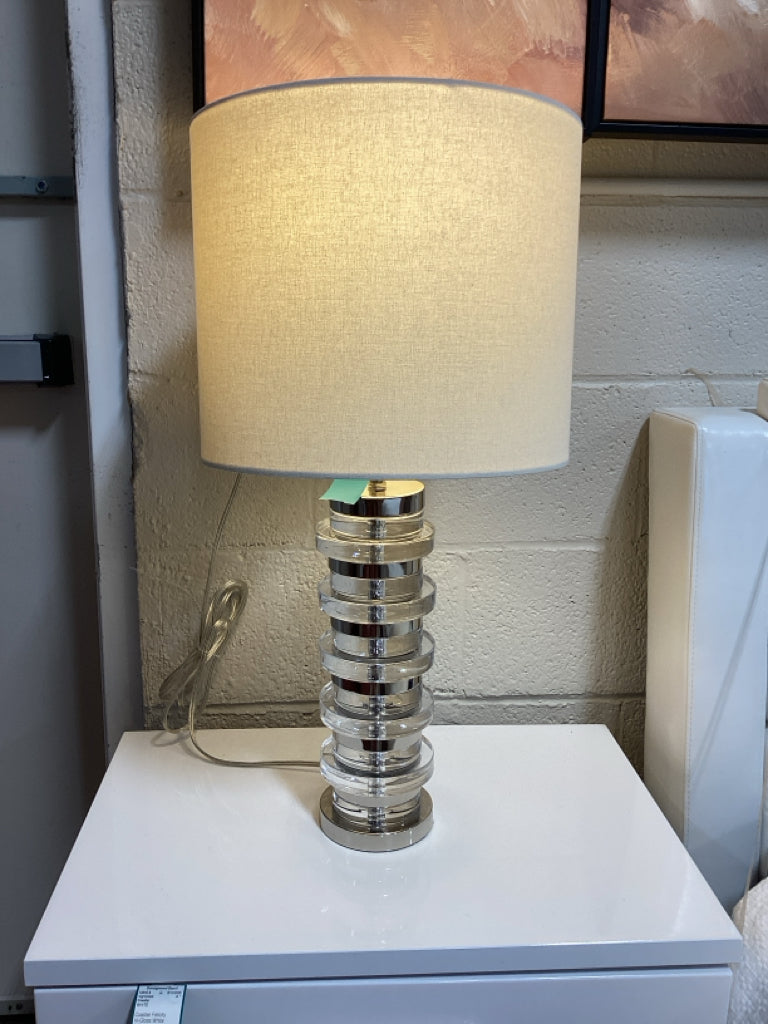 Pair of Stacked Lucite & Chrome Table Lamps Cream Linen Shades