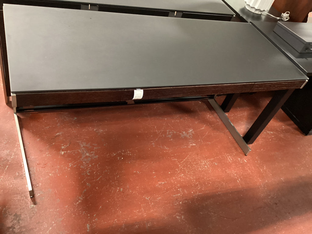 Contemporary Glass Topped Desk with Chrome and Walnut Base