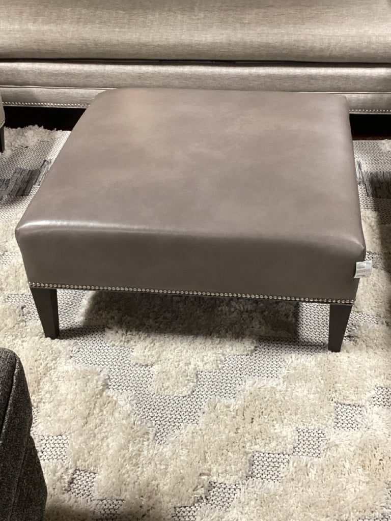 Large Square Leather Cocktail Ottoman - Nailhead Trim and Tapered Wood Legs 30"