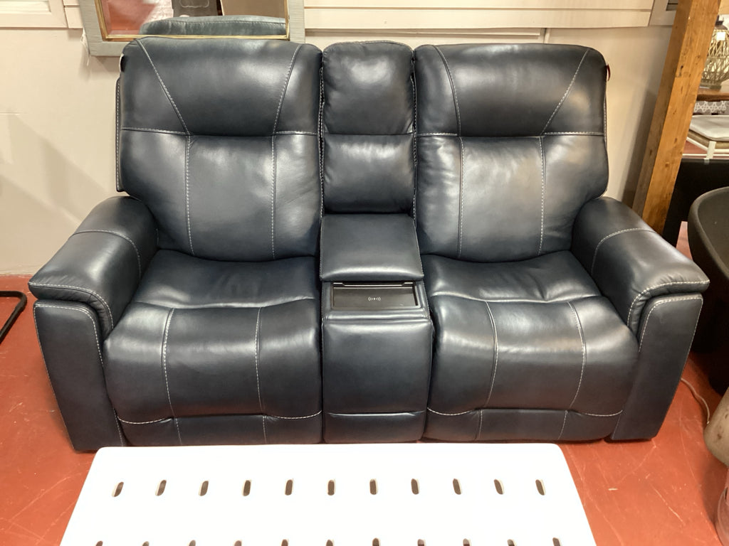 Loveseat / blue leather reclining loveseat with console