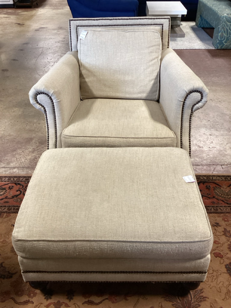 Bernhardt Upholstered Accent Chair & Ottoman with Nailhead Trim (as found)