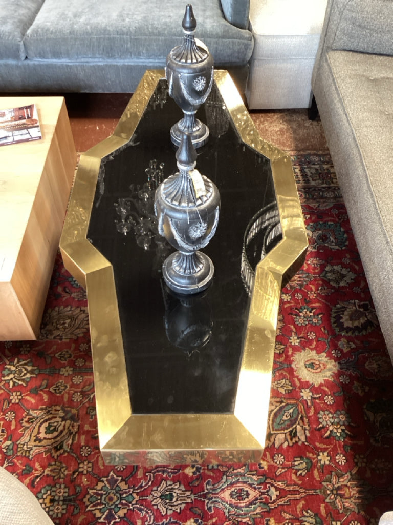 John Richards Coffee Table/ Hollywood Reg black glass & gold 64 x 29 x 18 AS IS
