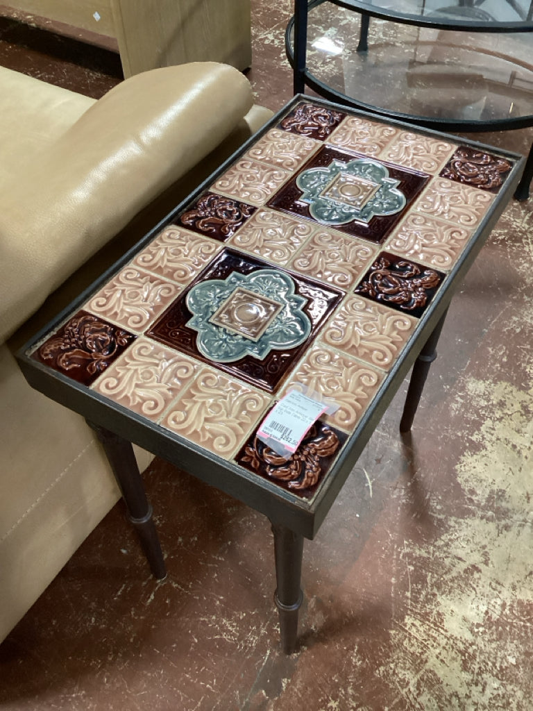 Cast Iron Antique tile top Side Table 22 x 13 x 23