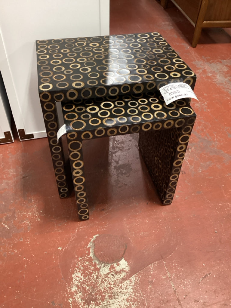 Set of Two Solid Wood Nesting Tables w/ Natural Bamboo Cross-Section Ring Inlay