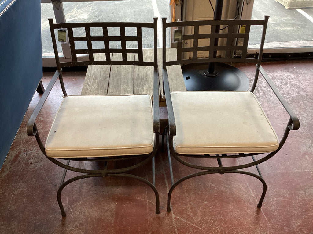PAIR cast iron Outdoor arm Chairs with cushion