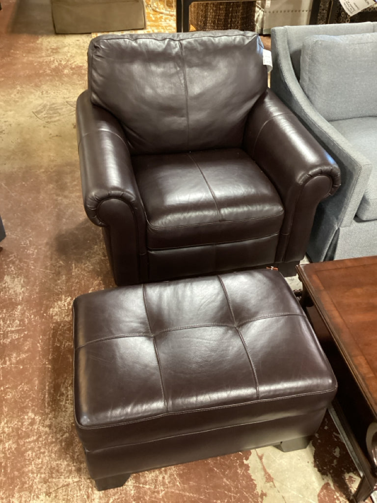 Cindy Crawford Brown Leather Chair & Ottoman (AS FOUND) 46"W x 42.5"D x 30"H