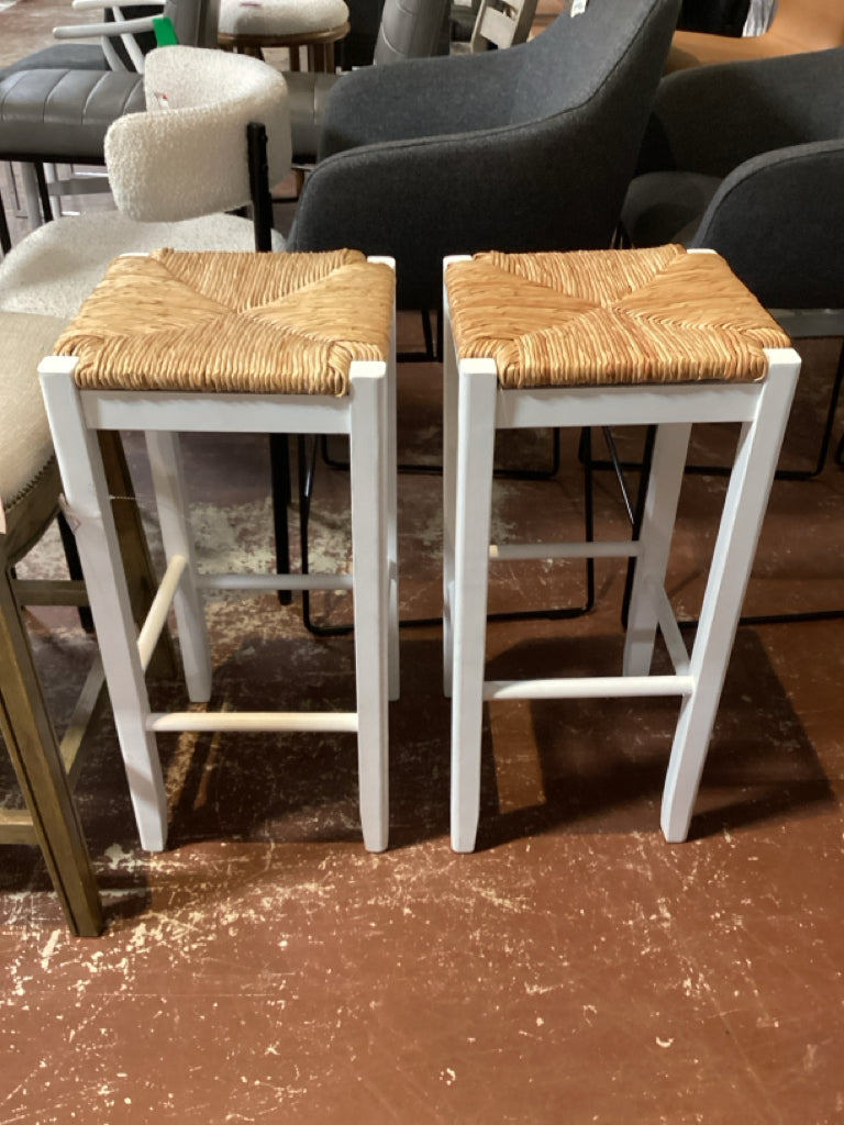 Pair of Woven Rush-Seat 29" White Painted Wood Frames Bar Stools