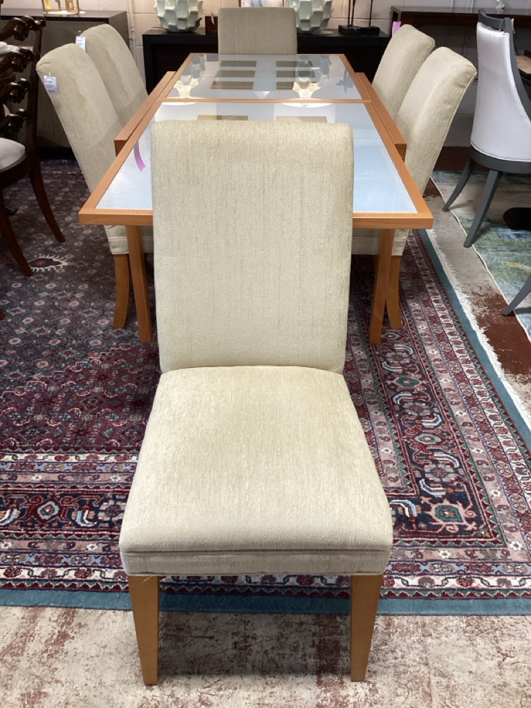 Set of 6 Restoration Hardware Upholstered Dining Chairs with Wood Legs