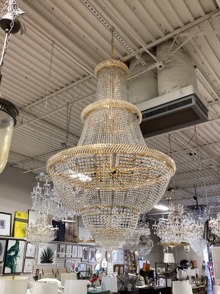 Gold and Crystal Three Tiered Chandelier - 80"H x 49"W - 49 Lights
