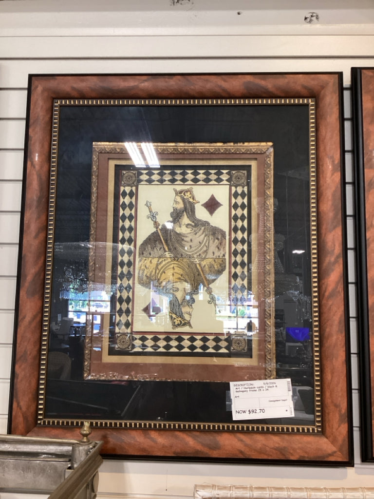 Art / Harlequin cards / black & mahogany frame 28 x 34