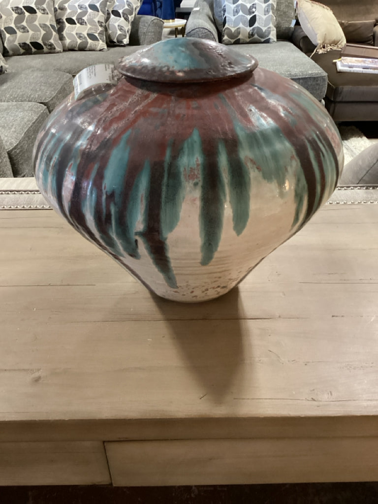 Mid Century Modern Pottery Vase in Blue/Red/Cream Drip Glaze 14"H x 16"D