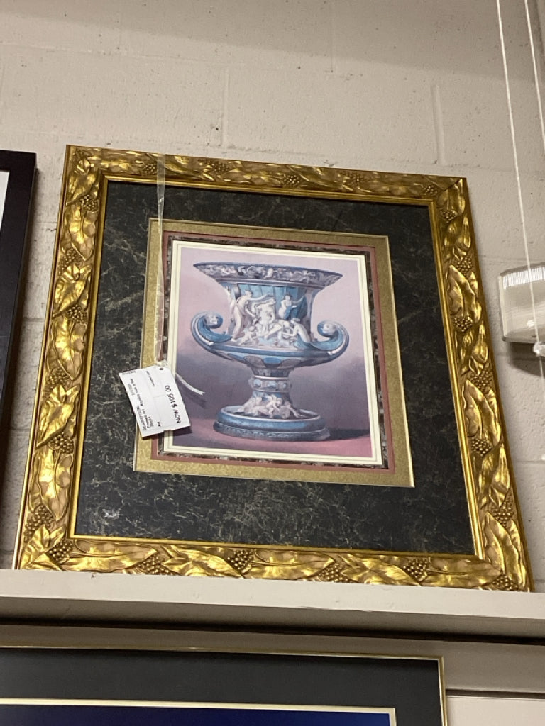 Framed Art, Majolica Vase in Blue 29x34