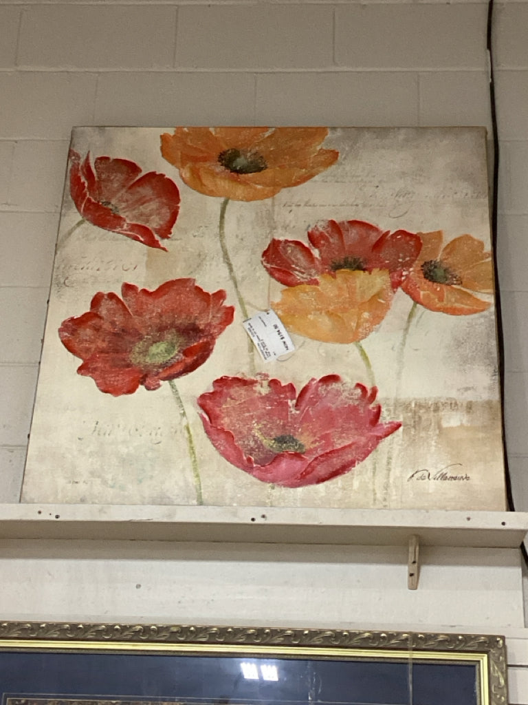 Large Poppies Canvas Art w/ Burlap trim 39.5x39.5