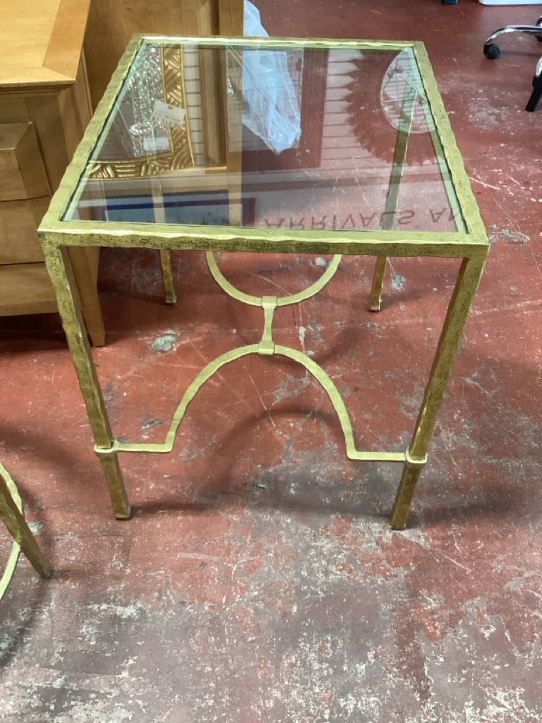 End Table/ hammered brass base/ glass top table22 x26 x 26 high