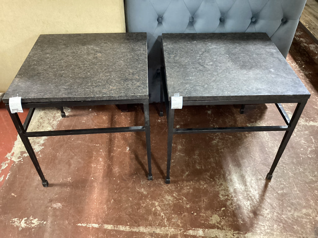 PAIR Pottery Barn Square Granite Top End Table w Black Hammered Iron Frame