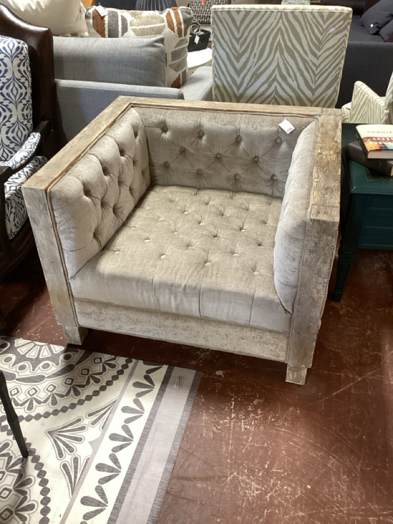 Chair/ Cyan Heritage oak frame arm chair/ beige button tufted 38 x 34 x 28 high