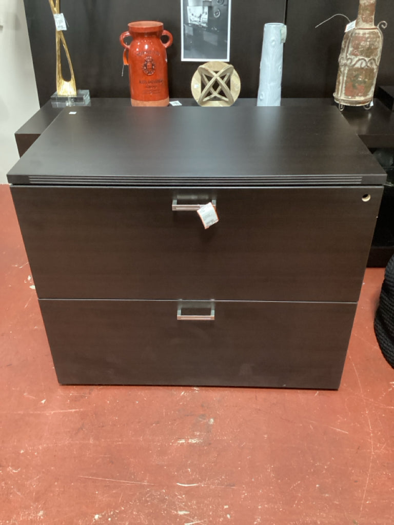 File Cabinet / black laminate 3 drawer lateral file 35 x 22 x 29 AS IS