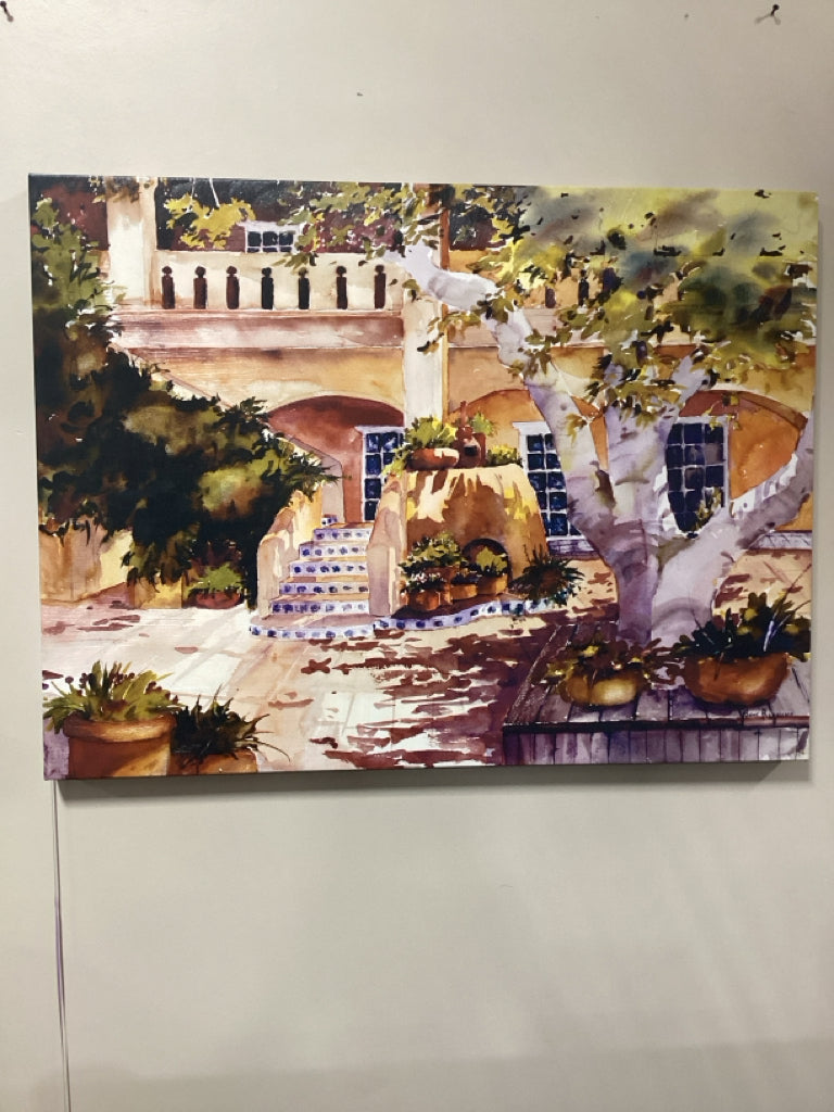 Watercolor Printed on canvas, Italian Courtyard Scene 40x30