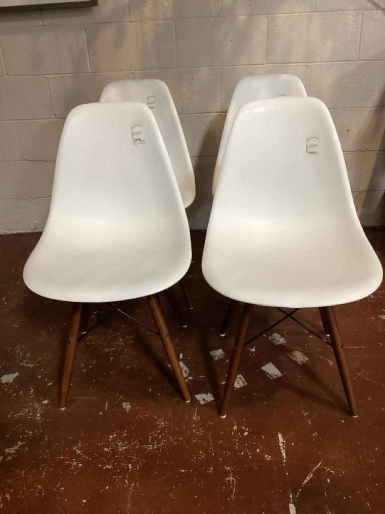 Set of 4 Mid-Century Style Dining Chairs White Molded Seats with Wood Legs