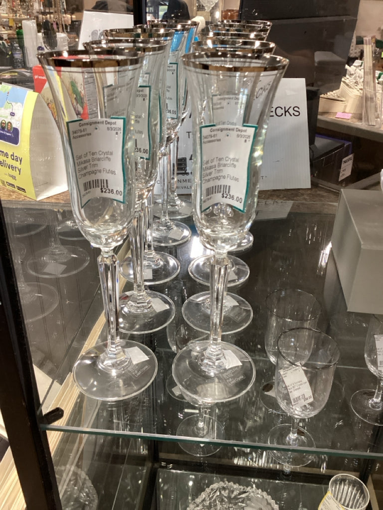 Set of Ten Crystal Mikasa Briarcliffe Silver Trim Champagne Flutes