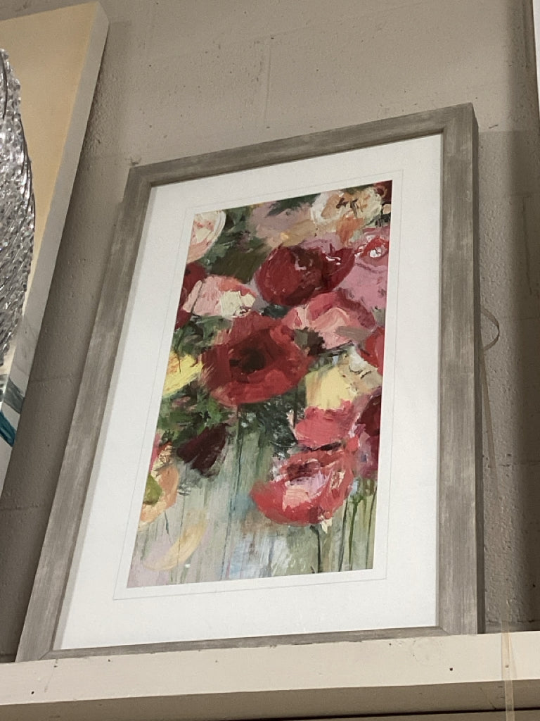 Contemporary Floral Art Print, Double Matted Under Glass Siver Frame 20" X 33"