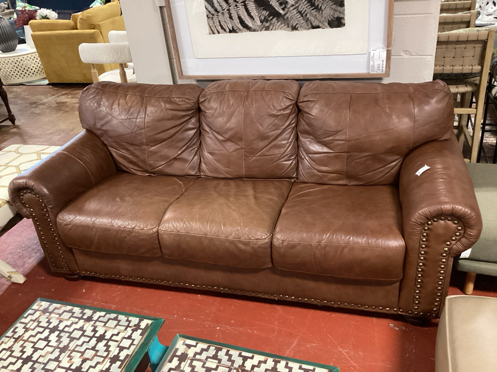Rustic Distressed Leather Sofa / brown with nail head trim / 85 x 36