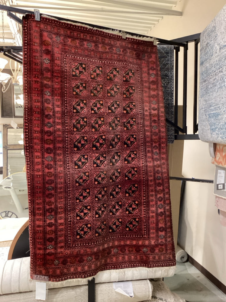 Vintage Turkman Tribal Rug, Red Base w/Geometric Gul Motifs 4' x 6.2'
