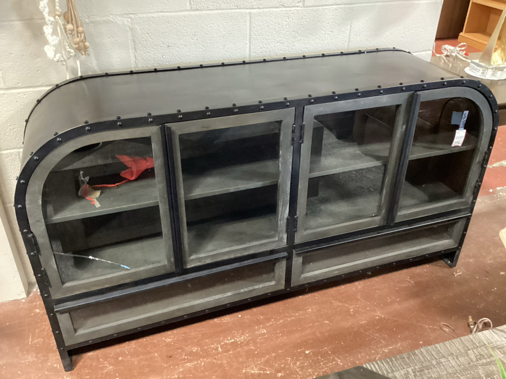 Black Metal Frame 4 Cabinet Door 62"x 15" X 50" (Broken Glass Door) As Found