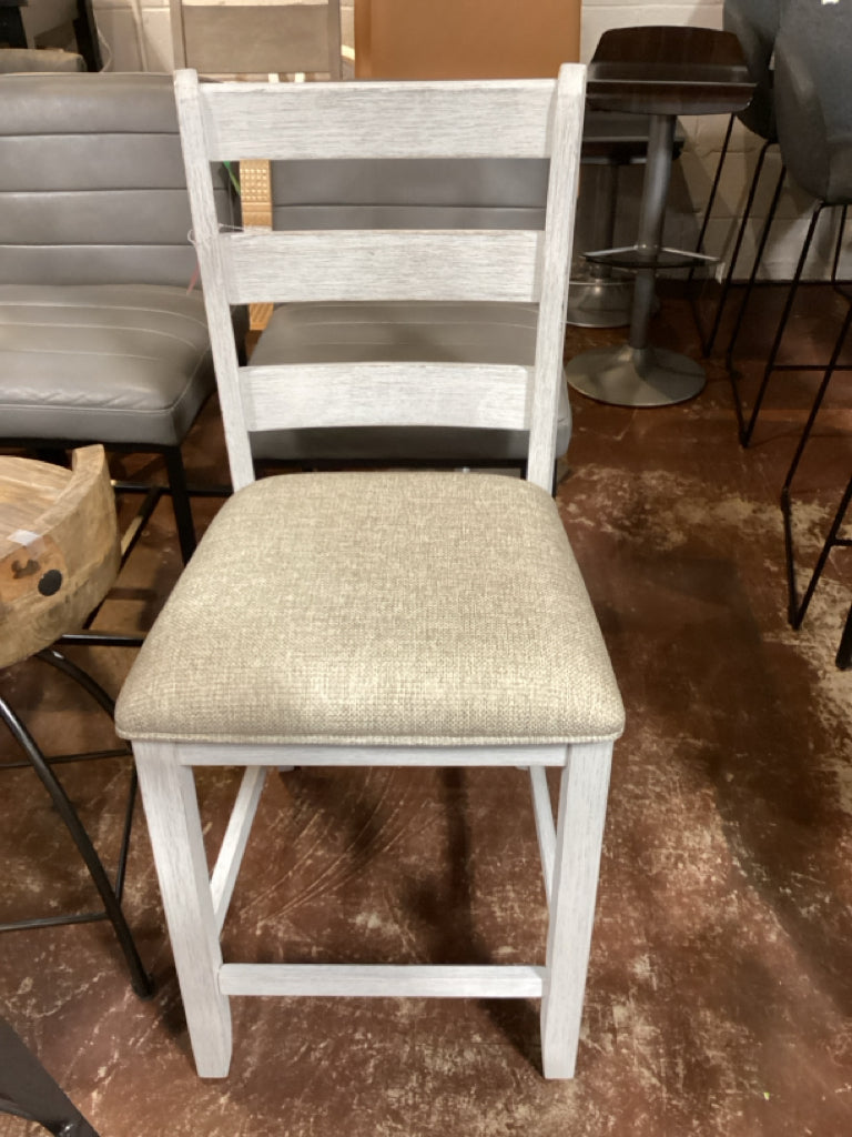 Farmhouse Counter-Height Ladder Back Chair with Neutral Fabric Seat