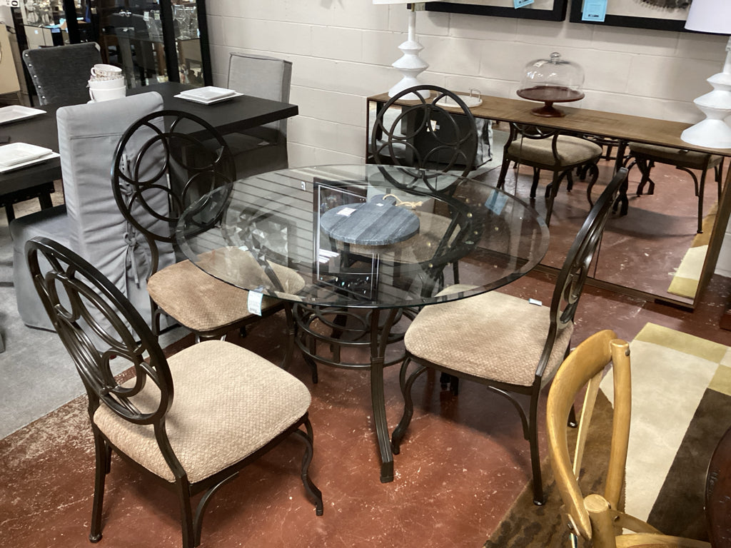 Round Iron Glass Top Kitchen Table & 4 chairs w/Beige Seats 45"