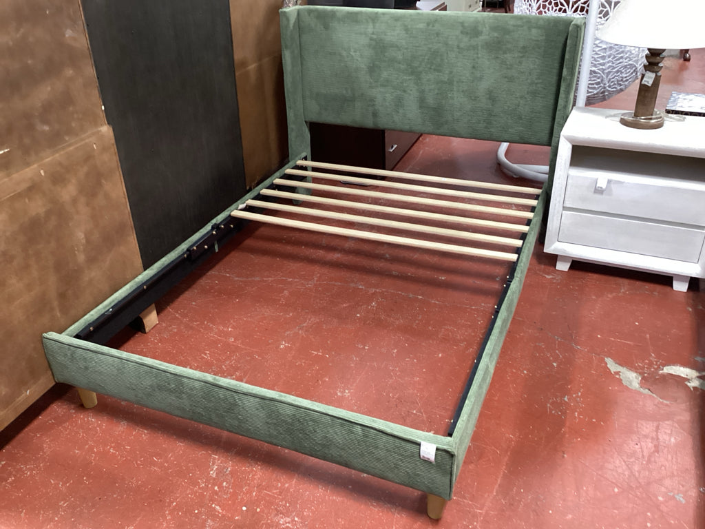 Full Bed / green corduroy platform bed AS FOUND