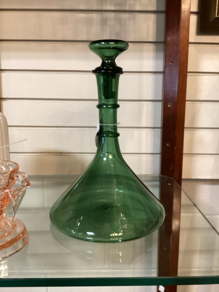 Vintage Green Hand-Blown Glass Decanter w/ Triple Ring Neck 8"D x 10"H
