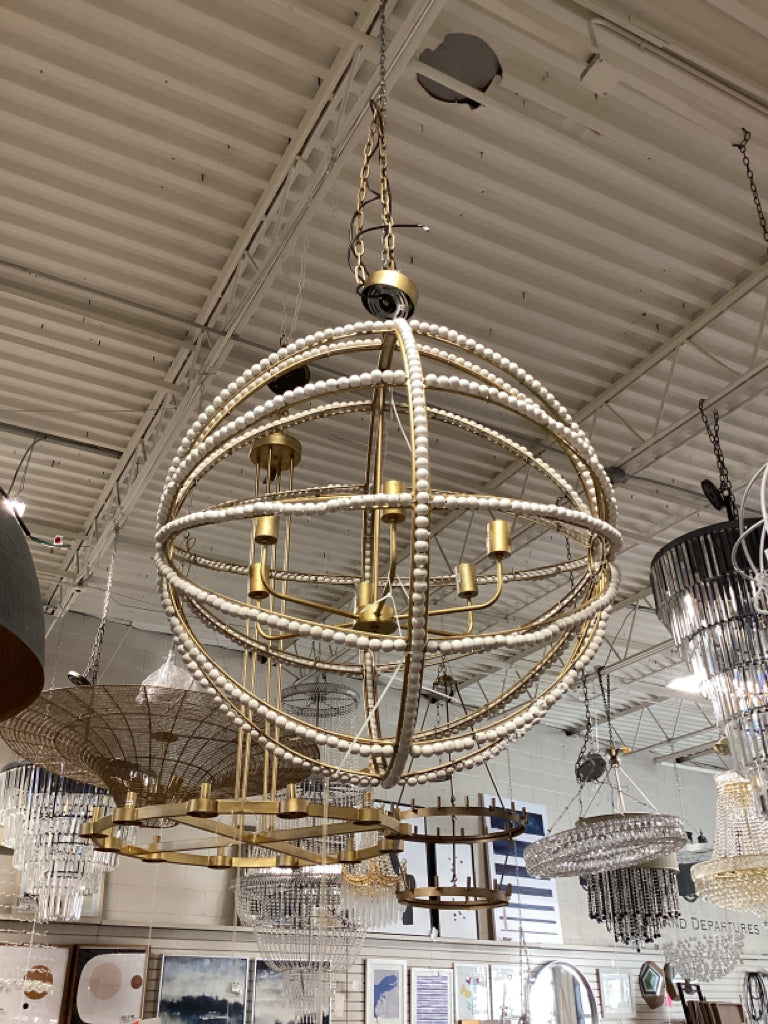 Ava Chandelier Antiqued Gold and Rustic Chandelier White Beaded 65273 A7W4PY6D