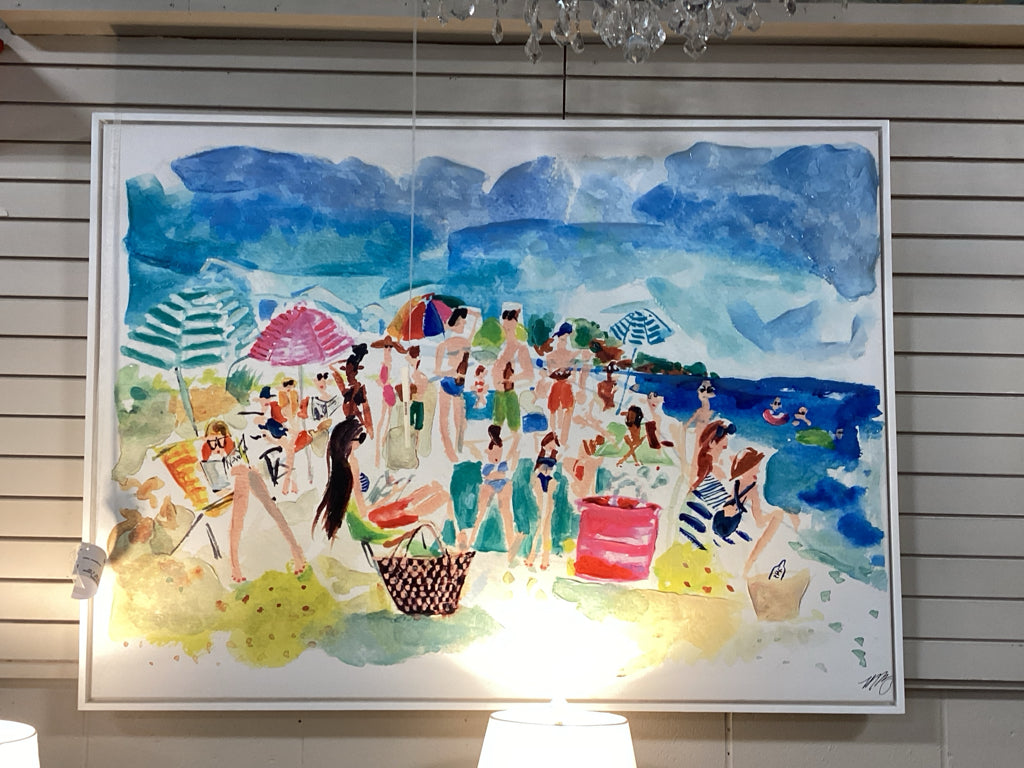 Crowded Beach MultiColored Canvas Artt -White Framed Art 44" X 60"