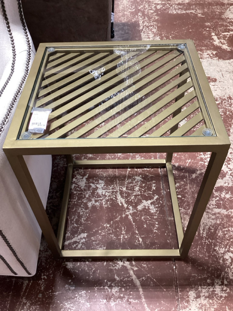 Side Table / gold metal 18" sq 24" high w/ glass insert AS FOUND
