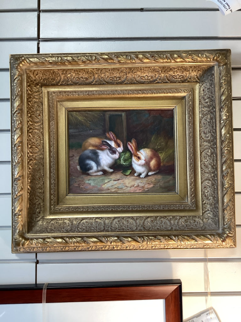 Vintage Oil Painting on Canvas of Rabbits Ornate Gold Frame 18" X 20"