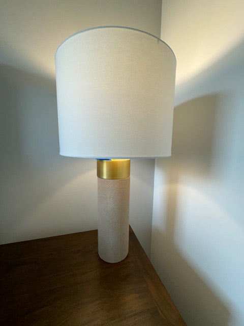 Regina Andrew, Harlow Cylinder table lamp, 27â€h, wht/grey shagreen, brass