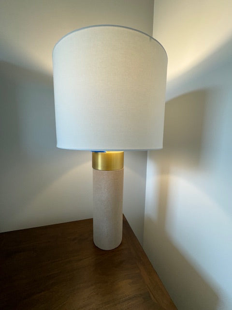 Regina Andrew, Harlow Cylinder table lamp, 27â€h, wht/grey shagreen, brass