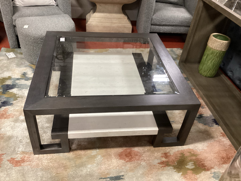 Sherrill North Shore Coffee Table/ Ash wood, travertine & glass 46x46x18