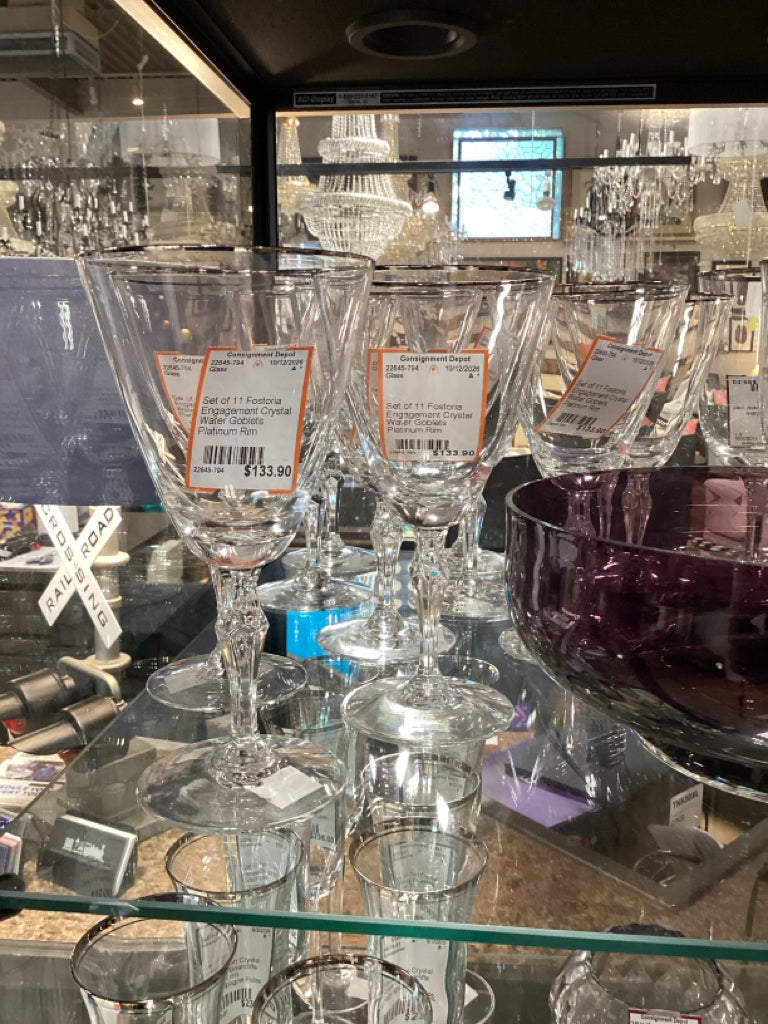 Set of 11 Fostoria Engagement Crystal Water Goblets Platinum Rim
