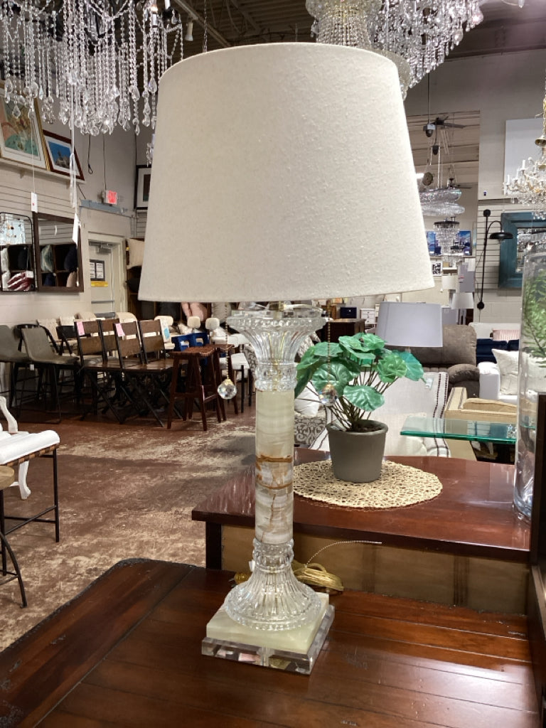 Italian Neoclassical Cut Glass Onyx Column/Bottom, Lucite Base LAMP 33"