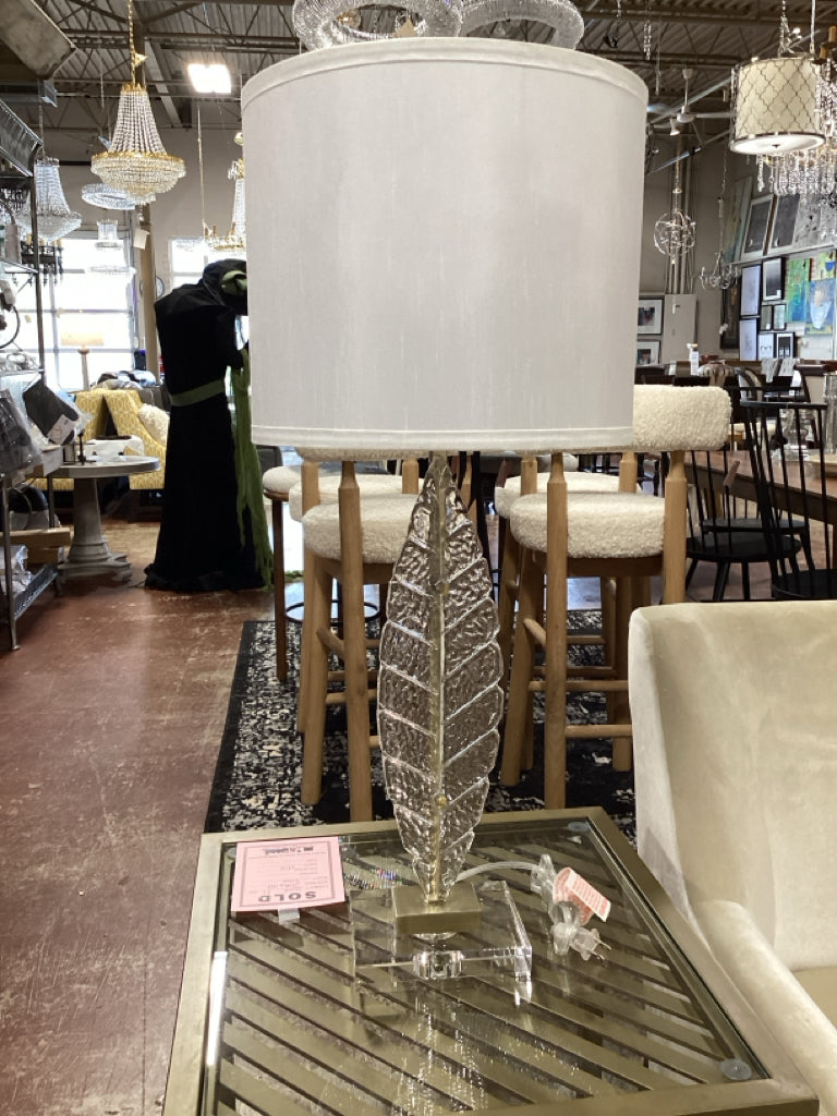 Glass Leaf & Gold Design Table Lamp w/ White Drum Shade 28"H