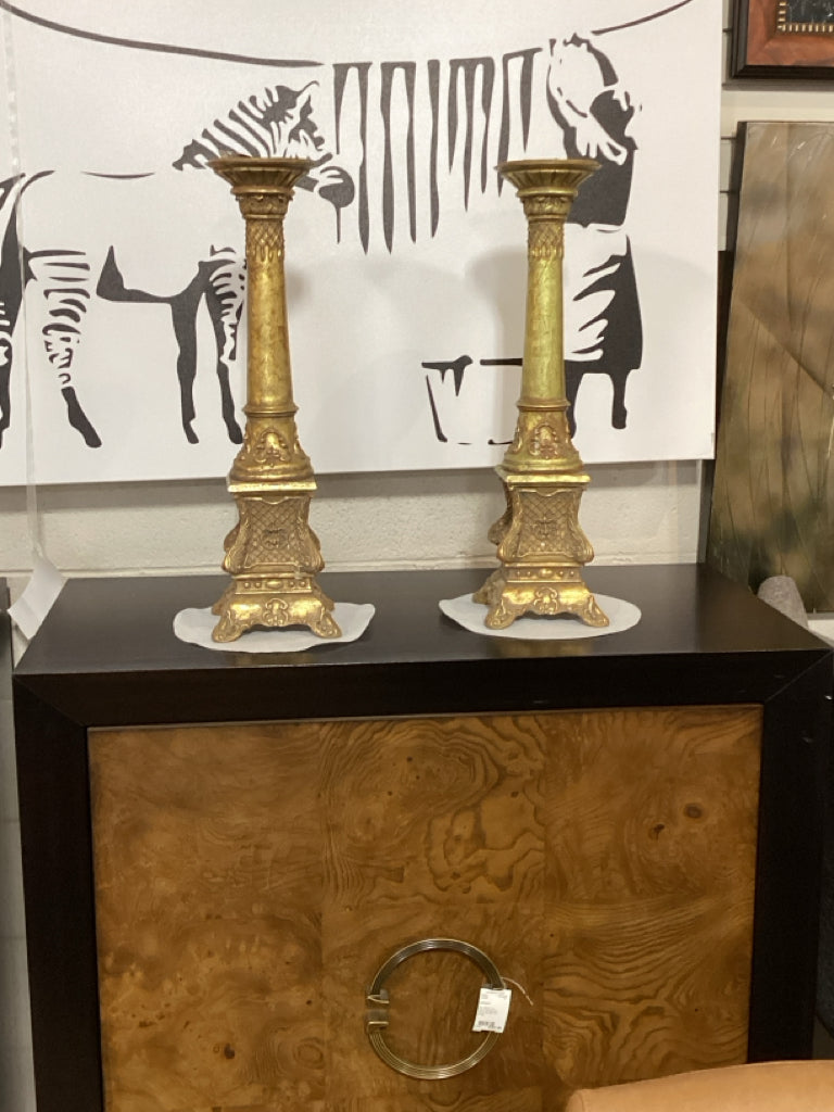 Pair of Ornate Antiqued Gold Column Candleholders