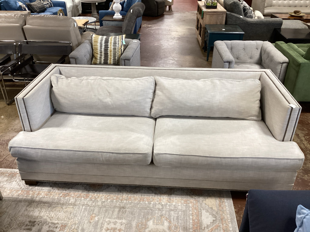 Mitchel Gold Tuxedo style Sofa / beige linen / nail head trim 92 x 45 x 31