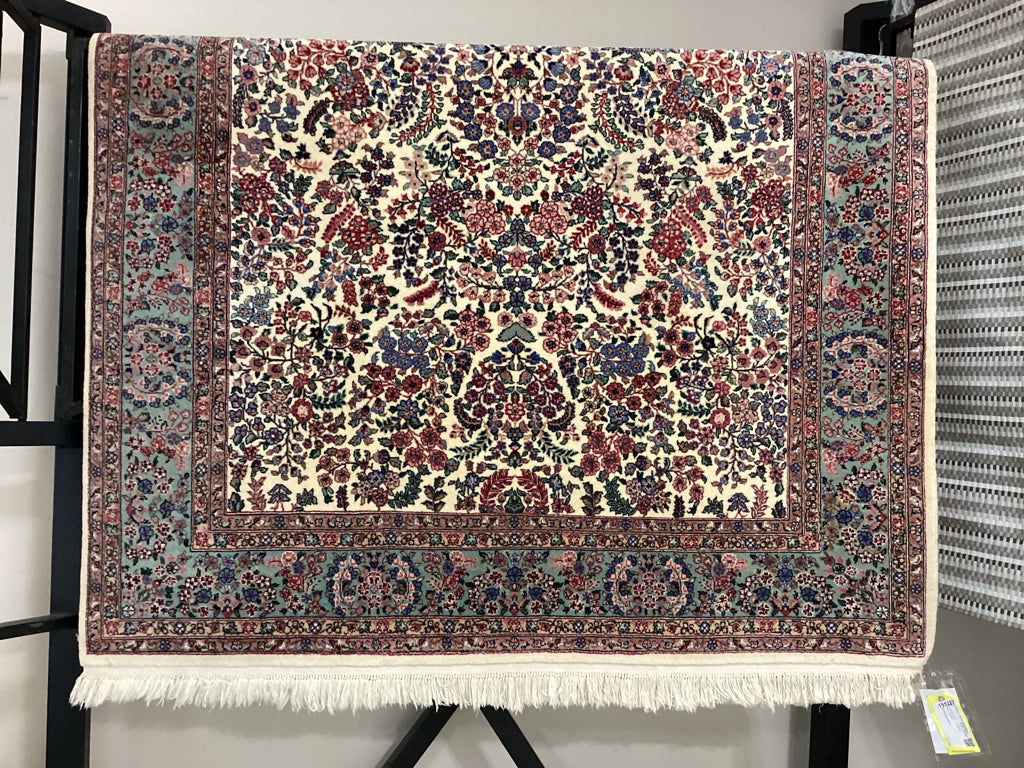 Turkish Hand Knotted Rug 6x9 (Pink/Blue, Cream Fringe) AS FOUND