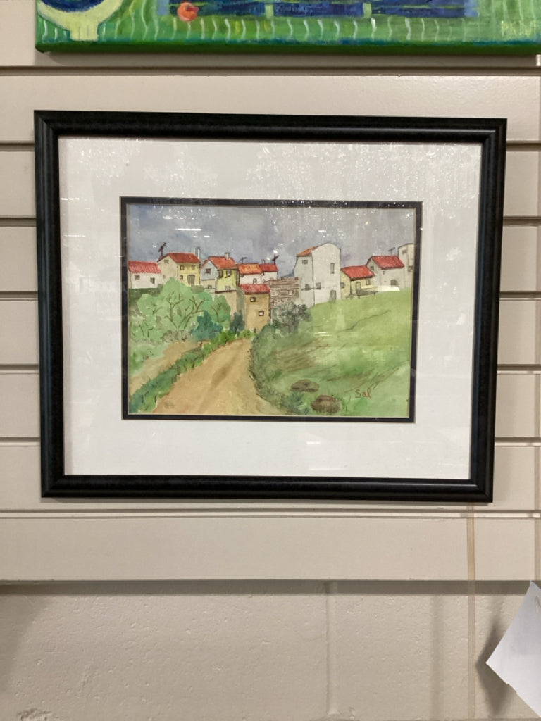 SAL Framed Art, Meiterranean Hillside Water Color, 18x15