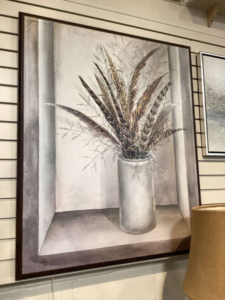 Framed Botanical Neutral Tone with Feathers & Grasses Contemporary Art 35" X 43"