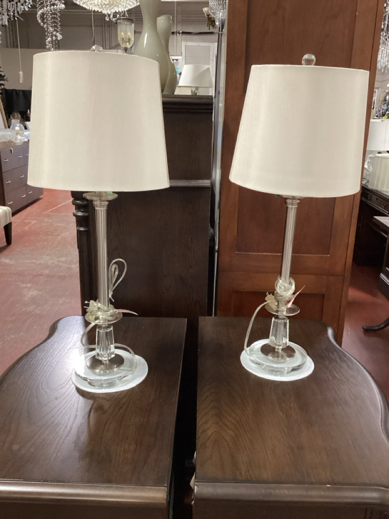 Pair- Contemporary Brushed Nickel & Acrylic Table Lamps with Drum Shades 39" H